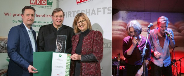 Der Wiener Tourismuspreis 2019: Spartenobmann Tourismus Markus Grießler, der Preisträger des Wienerliedes vertreten durch Herbert Zotti und Bundesministerin für Nachhaltigkeit und Tourismus DIin Maria Patek