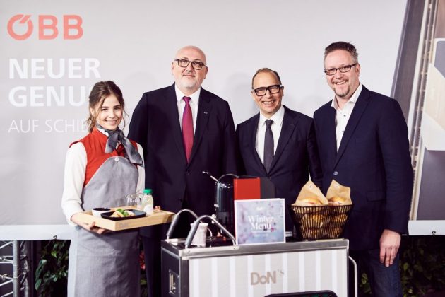 ÖBB – Neues Catering-Konzept • Andreas Matthä, Vorstandsvorsitzender der ÖBB-Holding AG, Josef Donhauser, Oliver Hoffinger, bekannter TV-Koch des Privatsenders PULS 4